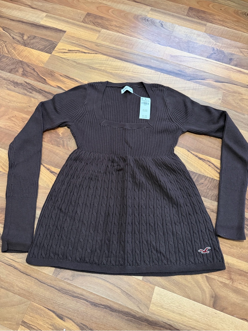 Hollister Dark Brown Cable-Knit V-Neck Sweater Dress